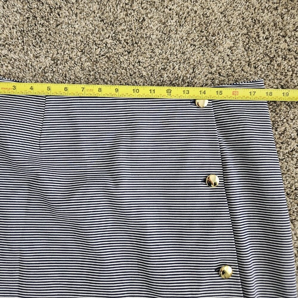 Women's Navy Stripe Overlap Stretch Skirt Sz Large Nautical Career Office Siren - Picture 12 of 13